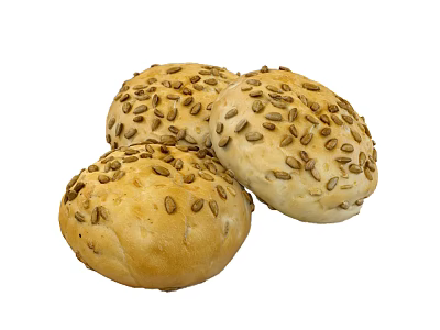Three Fresh Delicious Golden Round Bread Rolls Topped With Sunflower Seeds 3d model