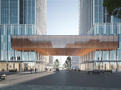 Modern High Rise Building Exterior With Glass Curtain Wall And Connecting Sky Bridge 3d model