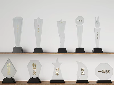 Trophies and Medals Transparent Shapes Engraved Champion Special Award First Prize Black Bases on Shelf 3d model