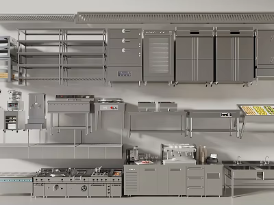Stainless Steel Commercial Kitchen Appliances With Open Layout And Cooking Equipment 3d model