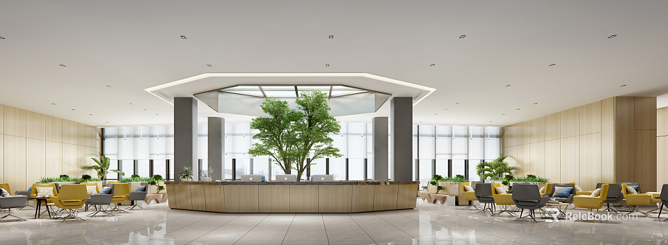 Modern Hotel Lobby Interior With Circular Reception Desk Large Tree And Comfortable Seating 3d model 