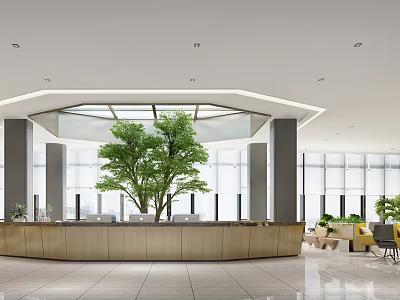 Modern Hotel Lobby Interior With Circular Reception Desk Large Tree And Comfortable Seating 3d model