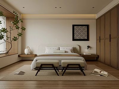 Modern Bedroom Interior Design With Bed Stools Rug Green Plant Decorative Painting And Wardrobe 3d model