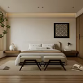 Modern Bedroom Interior Design With Bed Stools Rug Green Plant Decorative Painting And Wardrobe