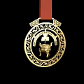 Golden Medal Art Installation Featuring Intricate Patterns And Cauldron Design With Red Ribbon