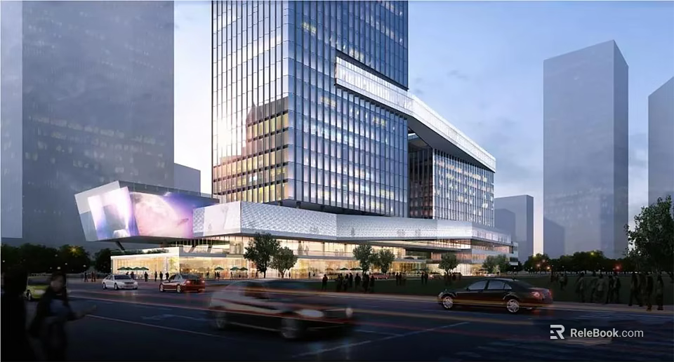 Modern High Rise Office Building With Glass Curtain Walls In Urban Setting And Street Vehicles 3d model 