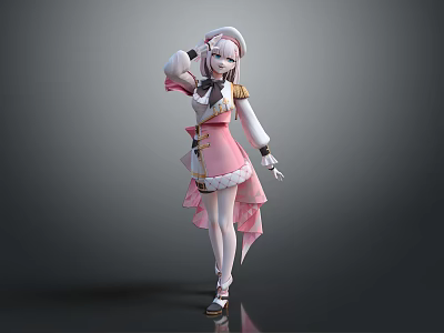 Detailed Game Movie Female Character In Pink White Costume With Stylish Hat And Graceful Pose 3d model