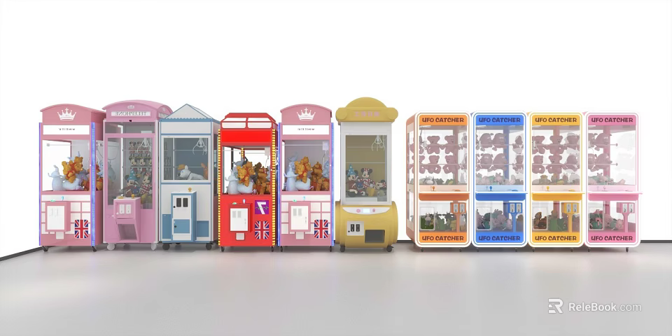 Colorful Claw Machine Amusement Rides With Various Designs And Stuffed Toys Inside 3d model 