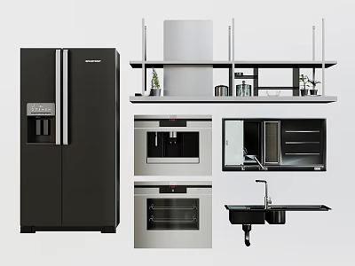 Complete Kitchen Appliances Collection With Refrigerator Microwave Oven Sink And Range Hood 3d model