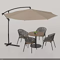 Outdoor Round Wooden Top Table with Wicker Chairs Beige Umbrella Black Frame