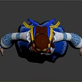 Game Movie Character With Red Hair Colorful Headdress Blue White Dress And Gray Boots