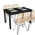 Black Square Dining Table Set With Four Rattan Chairs And Metal Legs