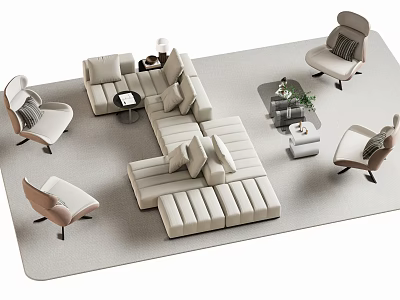Modern Light Colored Sectional Sofa Set With Accent Chairs And Coffee Tables 3d model