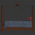 Four Poster Bed With Wooden Frame Decorative Metal Headboard Blue Mattress And Pink Pillows