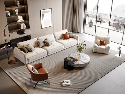 Beige Sofa with Decorative Pillows and Round Marble Coffee Table Set in Modern Living Room 3d model