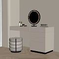 Beige Wall Dressing Table With Round Mirror Stool Cosmetics Blinds And Drawers 3d model