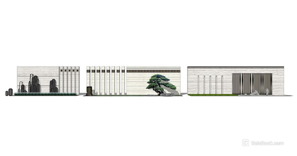 Modern Scenic Wall Design With Stone Panels Grilles And Pine Tree Accents 3d model 