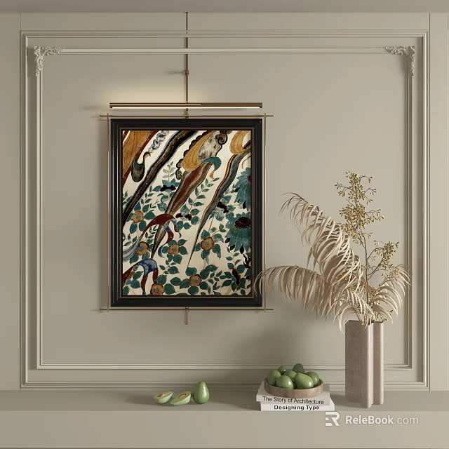 Abstract Painting With Vibrant Colors Framed Hanging On Neutral Wall And Potted Plant Decor 3d model 