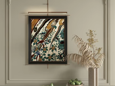 Abstract Painting With Vibrant Colors Framed Hanging On Neutral Wall And Potted Plant Decor 3d model