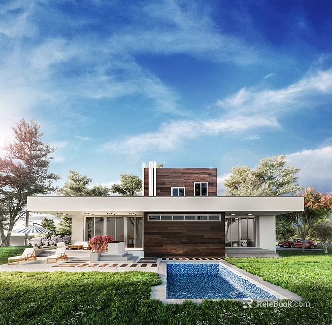 Modern Detached Villa Exterior With Swimming Pool Large Windows Lawn And Trees 3d model 