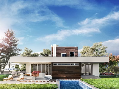 Modern Detached Villa Exterior With Swimming Pool Large Windows Lawn And Trees 3d model
