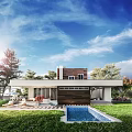 Modern Detached Villa Exterior With Swimming Pool Large Windows Lawn And Trees