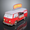 Red Volkswagen Van Hot Dog Food Truck with Neon HOTDOGS Sign and Side Selling Window