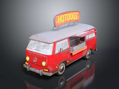 Red Volkswagen Van Hot Dog Food Truck with Neon HOTDOGS Sign and Side Selling Window 3d model