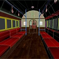 Modern Train Interior With Red Upholstered Seats Wooden Flooring And Yellow Windows