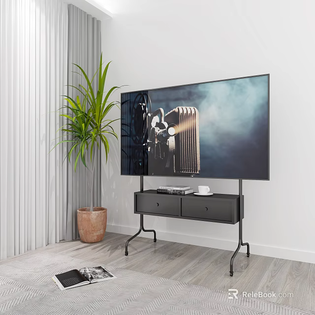 Iron Art TV Stand with TV and Green Plant in Terracotta Pot Living Room Interior 3d model 