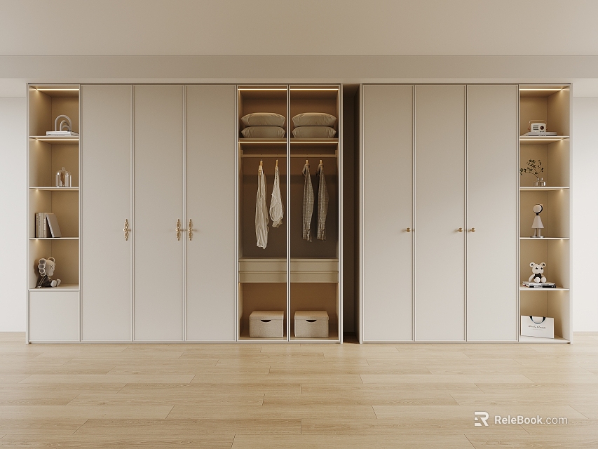 Modern White Closet Interior Design With Sliding Doors Open Shelves And Storage Items 3d model 