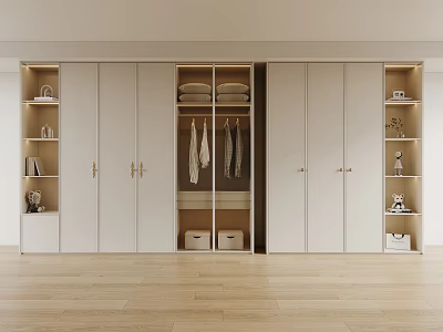 Modern White Closet Interior Design With Sliding Doors Open Shelves And Storage Items 3d model