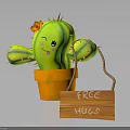 Green Cactus With Smiling Face And Orange Flower In Orange Pot Wooden Sign Free Hugs