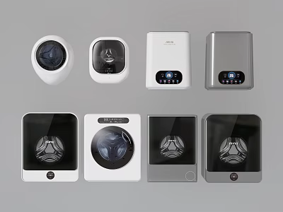 Modern Household Washing Machines With Round Doors Digital Displays And Various Colors 3d model
