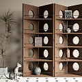 Wooden Room Divider With Circular Cutouts And Decorations 3d model