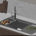 Kitchen Sink Area With Modern Faucet Stone Countertop Wooden Cutting Board Fruits And Olive Branch