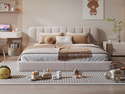 Cozy Kids Room Interior Design With Soft Bed Toys Study Desk And Bear Wall Art 3d model