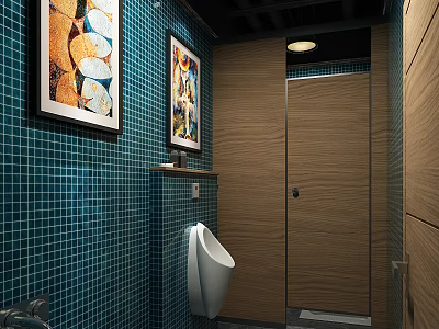 Public Restroom Interior Featuring Blue Tiled Walls White Urinal Wooden Stall Door And Wall Paintings 3d model
