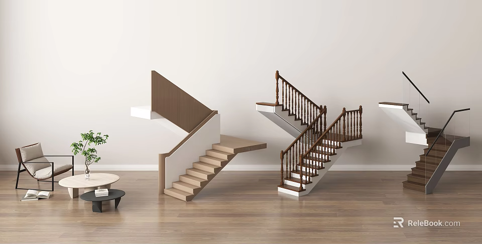 Different Wooden Staircase Designs With Railings And Indoor Floor Setup 3d model 