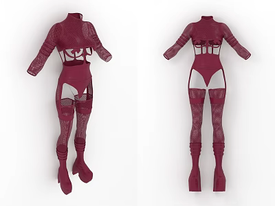 Women's Burgundy Lace Bodysuit With Corset Detail Long Sleeves And Stockings 3d model