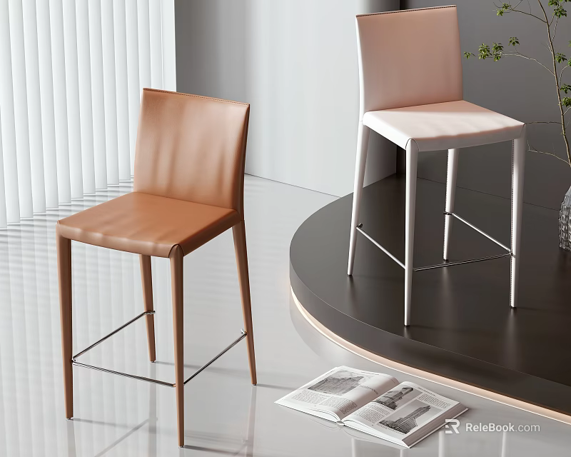 Modern Leather Bar Stools Brown And White At Black Round Counter With Open Magazine 3d model 