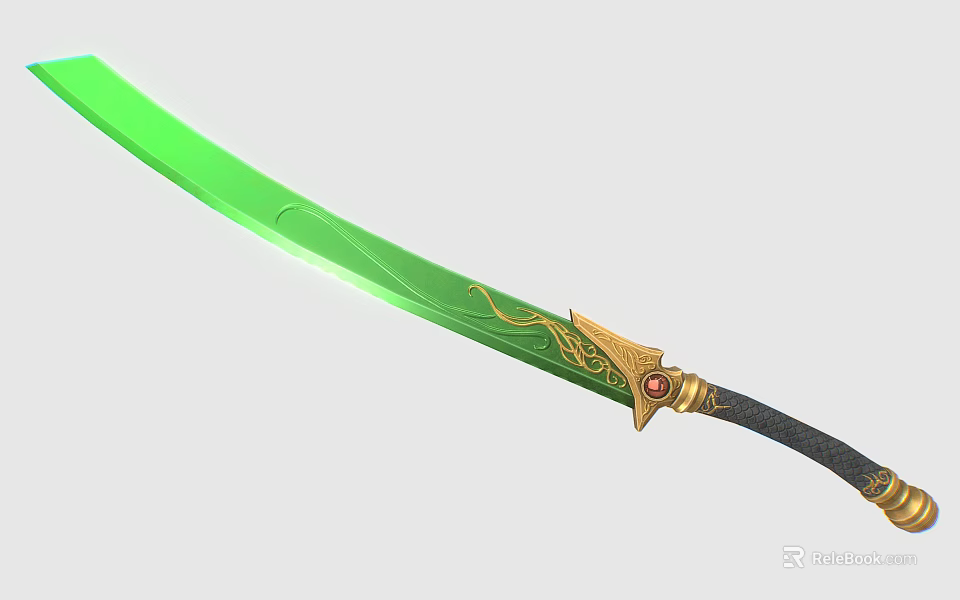 Green Decorative Sword with Golden Dragon Pattern Black Handle and Red Gemstone 3d model 