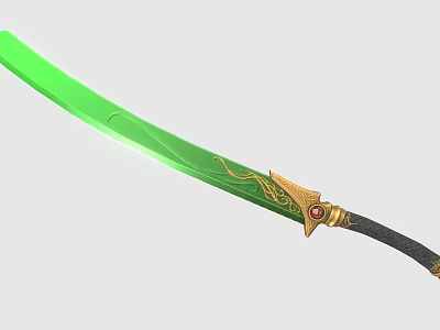 Green Decorative Sword with Golden Dragon Pattern Black Handle and Red Gemstone 3d model