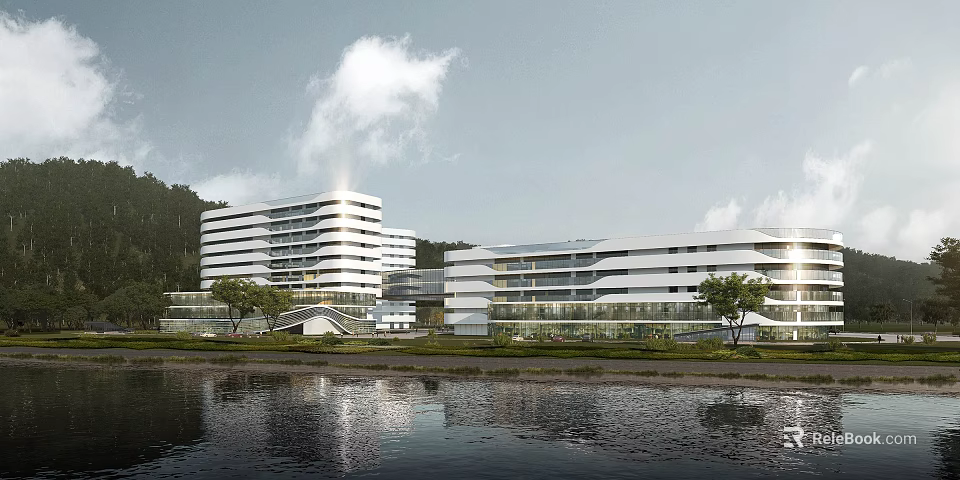 Modern White Multi Storey Office Building Near Riverside With Green Space Trees And Water Reflection 3d model 