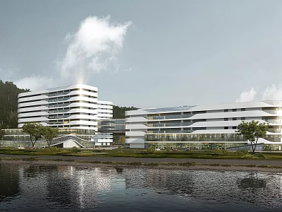 Modern White Multi Storey Office Building Near Riverside With Green Space Trees And Water Reflection 3d model