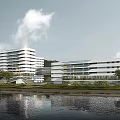 Modern White Multi Storey Office Building Near Riverside With Green Space Trees And Water Reflection