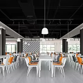 Modern Dining Area Interior With White Orange Gray Chairs And Hanging Lights