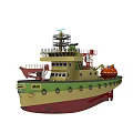 Green and Beige Work Ship with Red Crane Orange Lifeboat and Deck Equipment
