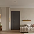 Modern Living Dining Room Interior With Beige Walls Arched Doorway Pendant Light And Green Plant