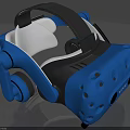 Blue and White VR Headset Design With Headband Headphones and Vent Holes